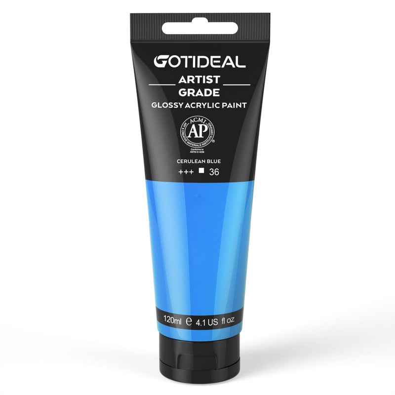 GOTIDEAL Acrylic Paint Cerulean Blue Tubes(120ml, 4.1 oz) Non Toxic Non Fading,Rich Pigments for Painters,Ideal for Canvas Wood Clay Fabric Ceramic Craft Supplies (Cerulean Blue) - Image 1